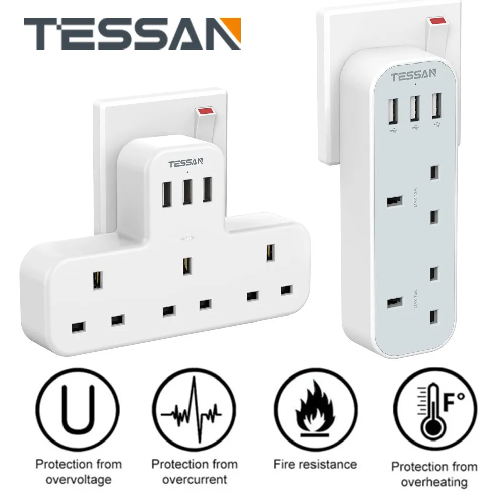 

TESSAN UK Plug Extension Socket Power Strip With 3 UK Outlets and 3 USB Ports 6 in 1 Wall Charger Adapter for Smartphone Tablet