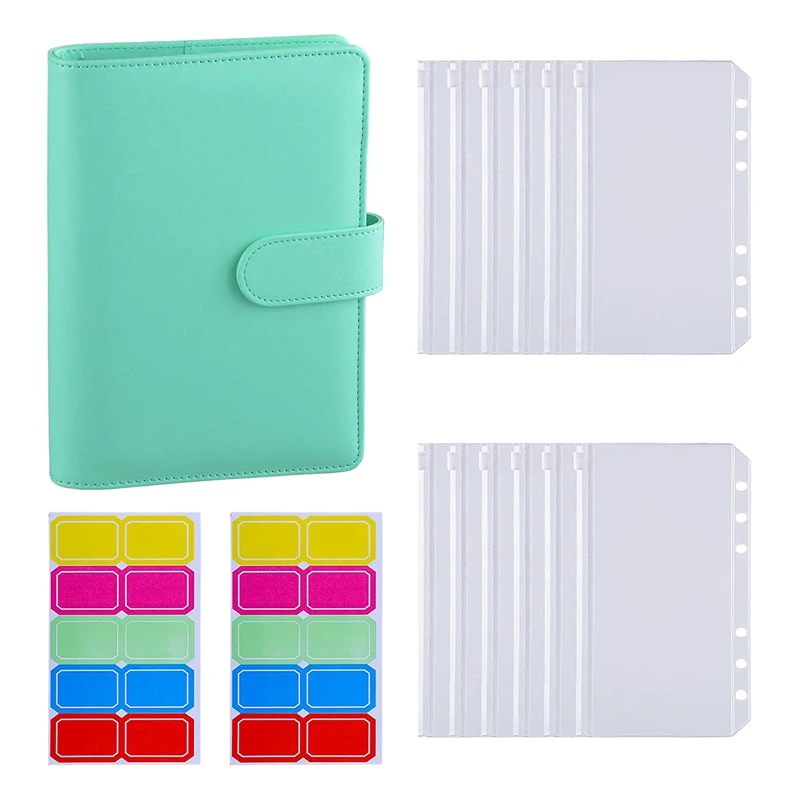 

A6 PU Leather Binder Cover with 12PCS A6 Binder Pockets Loose Leaf Bags 6 Ring Cash Budget Envelopes System