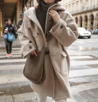 new womens wool hooded parka korean style loose long jacket coat fashion outwear