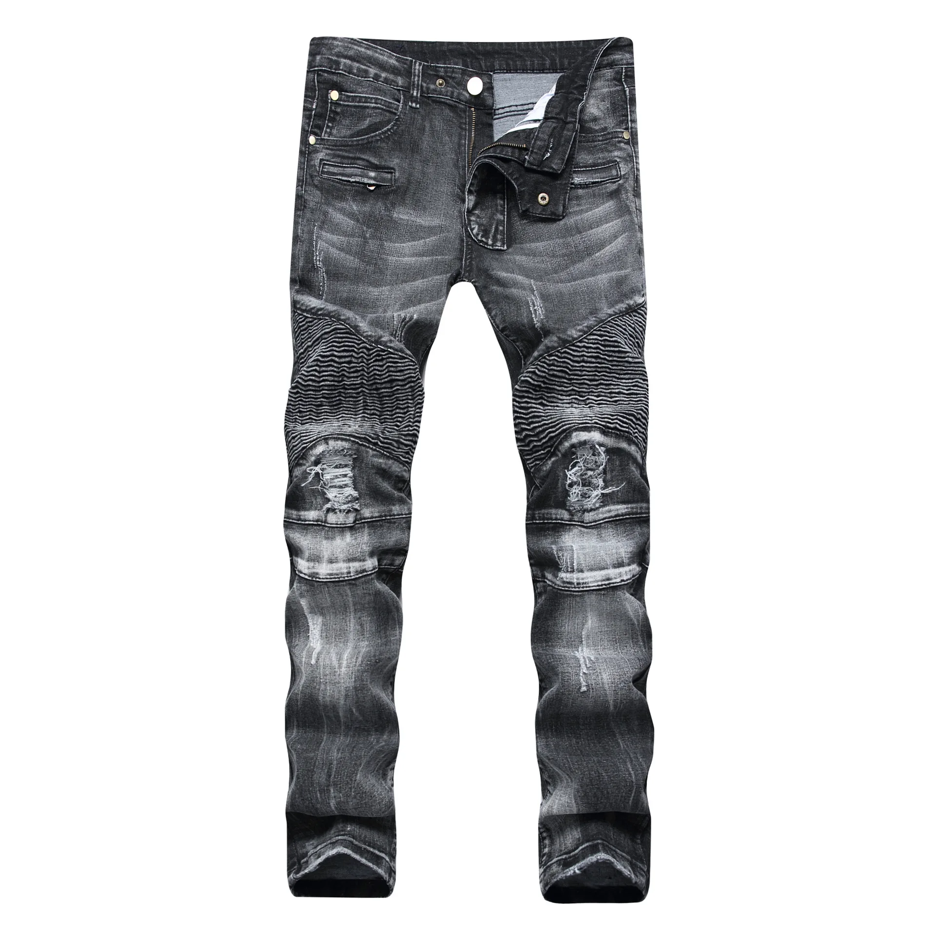 

Men's Foreign Trade Black Grey Jeans High Street Hole Zipper Striping Slim Stretch Amazon Men's Trousers