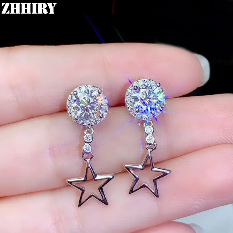 

ZHHIRY Real Moissanite 925 Sterling Silver Stud Earring For Women Star Shape Total 2ct Each 1ct Fine Jewelry