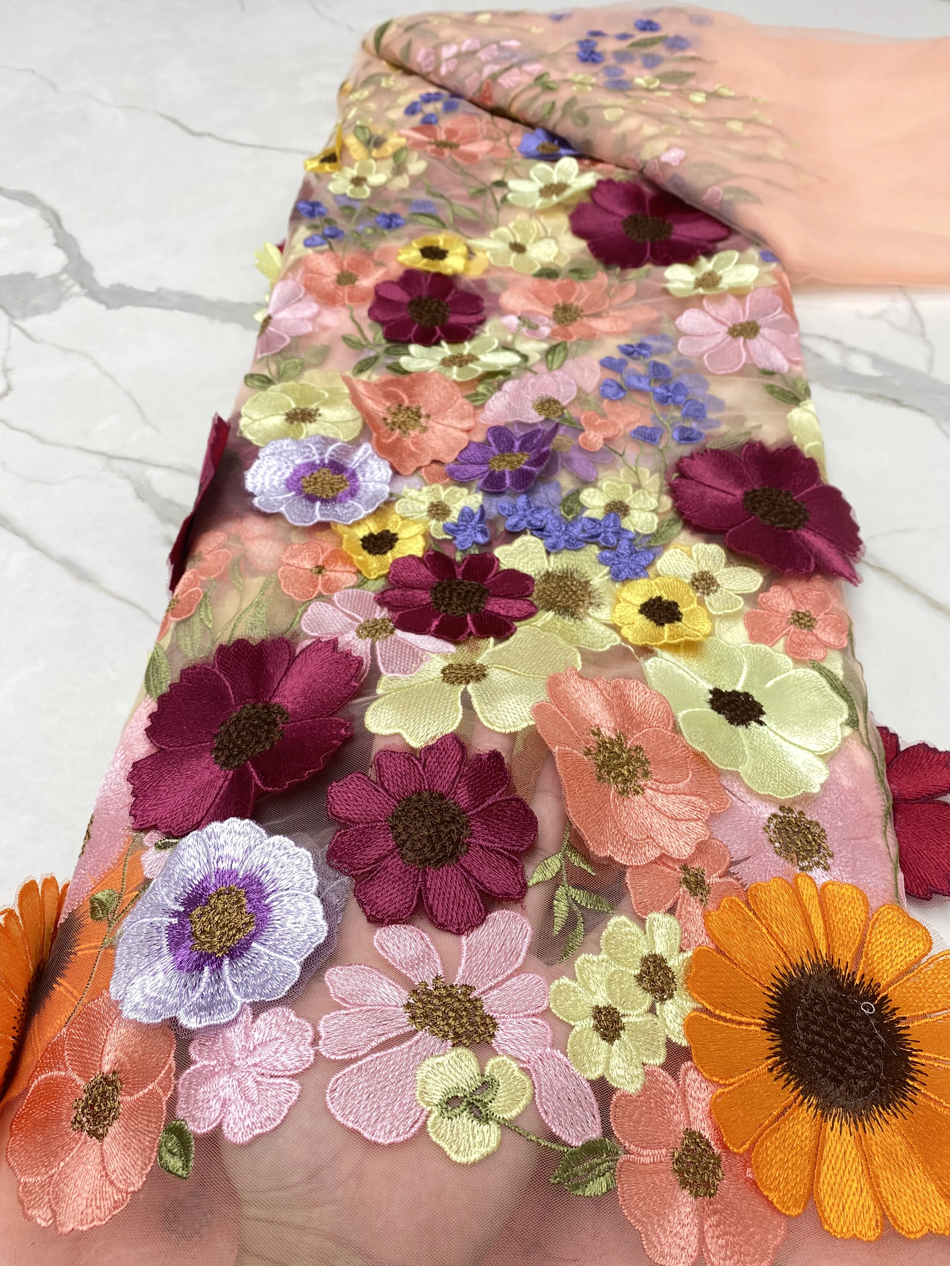 Tela de encaje de tul africano de alta calidad, tela de encaje bordado de flores 3D, blanco para fiesta, boda, 5 yardas, NI5726-5