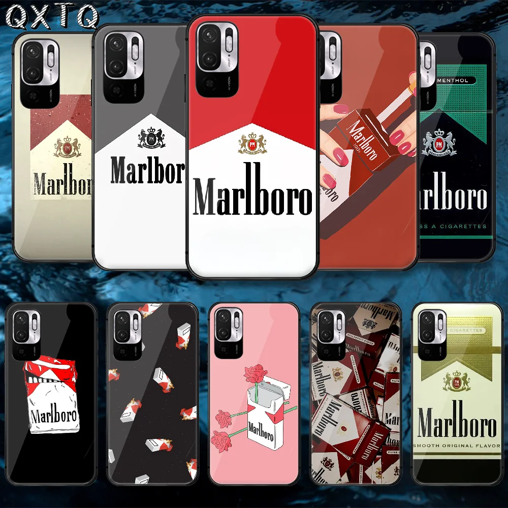 

QXTQ Cigarette Marlboroing Tempered Glass Phone Case Bag Cover For Xiaomi Redmi Note 7 8 9 10 A C T S Pro K 30 40 Black