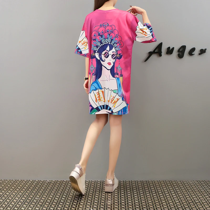 

Houthion Loose Cartoon Printed Women's T-shirt Short Sleeve Chinese Style Round Neck Korean Top Summer Fashion Casual