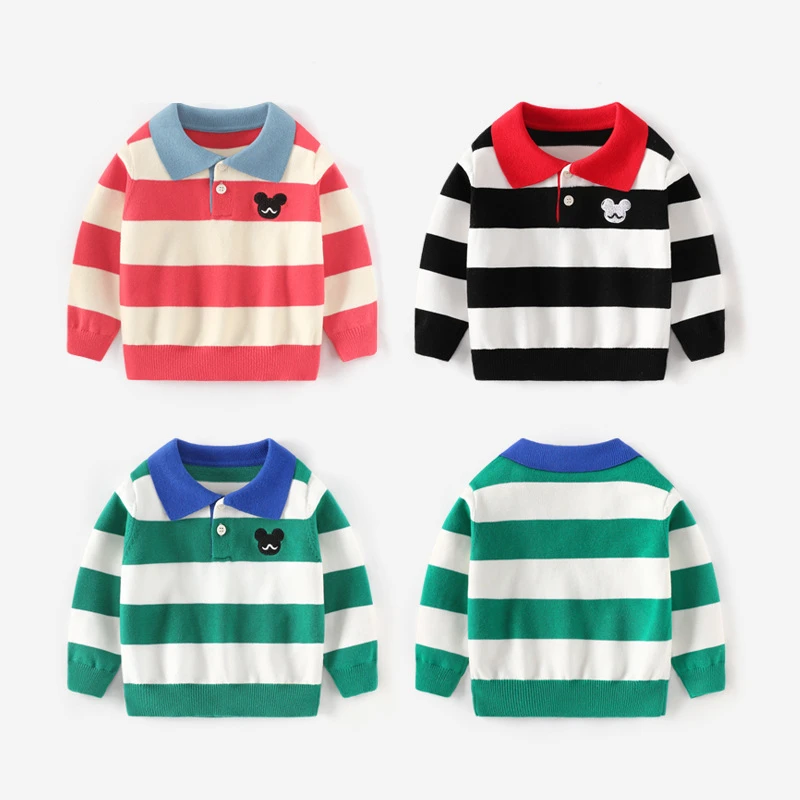 

Children Lapel Sweater Thin Cotton Knit Wweater Polo Long Sleeve Fashion Striped Boys 2022 Spring New Girls Pullover Embroidery