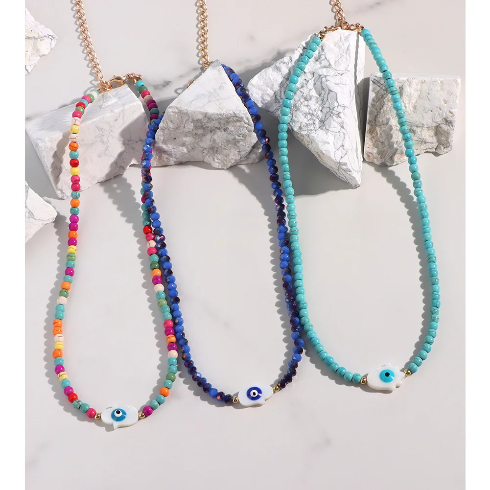

Handmade Rainbow Color Evil Eye Beaded Necklace For Women Colorful Acrylic Glass Bead Strand Necklaces Choker Korean Jewelry New