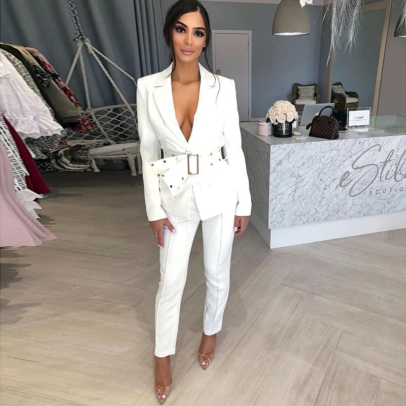 INDRESSME Модный комплект из двух предметов, v-образный вырез, длинный рукав, золотистая Пряжка, блейзер с поясом, прямые брюки, новинка, женские костюмы
