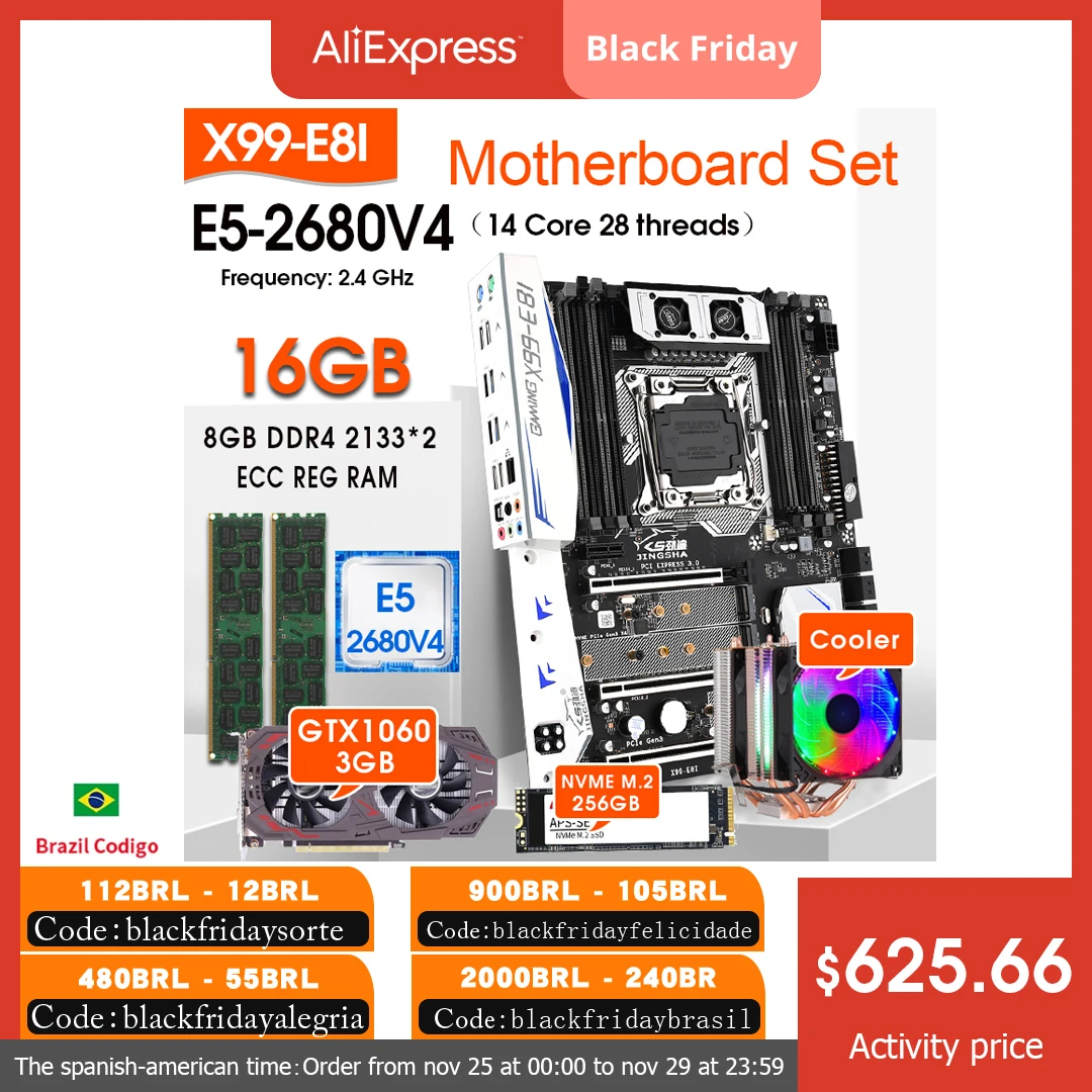 Материнская плата X99-E8I, процессор E5 LGA2011-3 V4, 2 шт., 8 Гб 2680 16 ГБ, память ECC с 2133 ГБ M.2 SSD GTX1060 3 ГБ + кулер