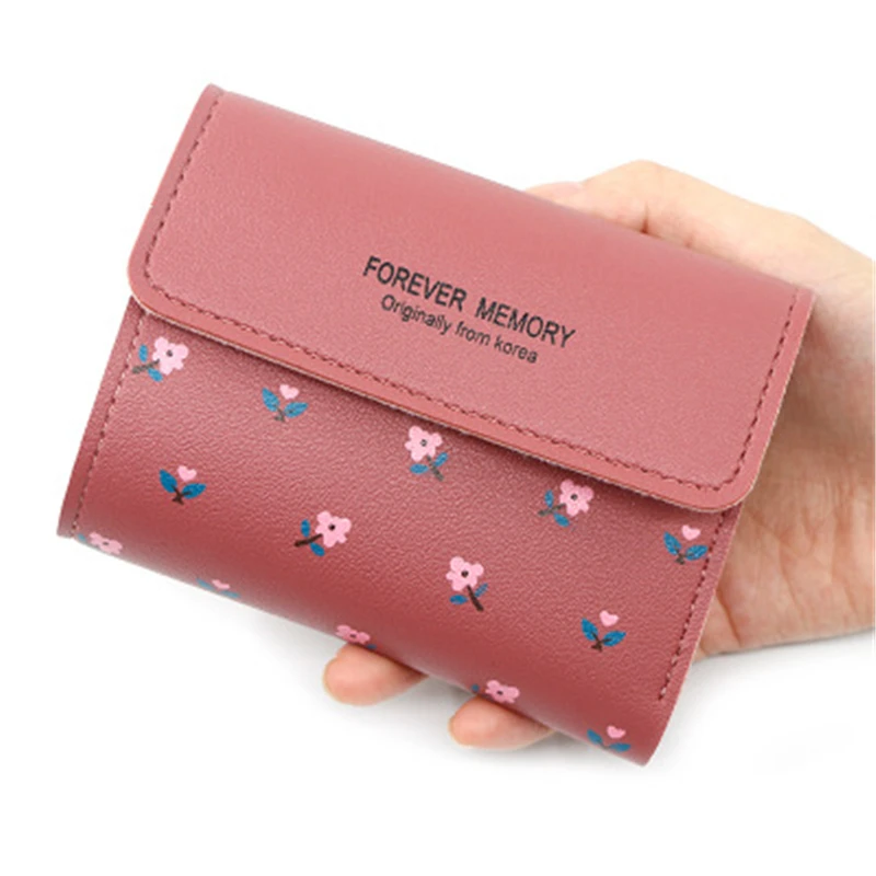 

Women Wallets Letter Floral Cute Buckle Female Tri-fold Pu Leather Solid Color Coin Purses Ladies Card Holder Mini Money Clip