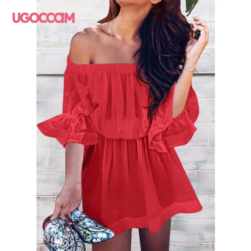UGOCCAM женская летняя обувь сексуальное платье с открытыми плечами Пляжное Платье