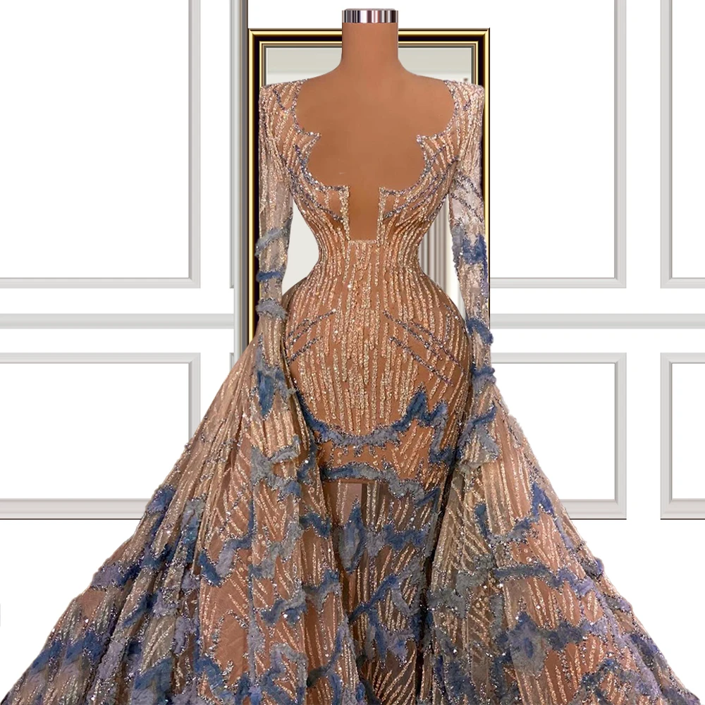 

Runaway Fashion Scalloped Neckline Aibye Middle East Evening Dress Long Sleeves Arabia Dubai Prom Dress with Detachable Skirt