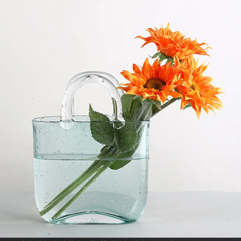 

Glass Vase Nordic Decorative Bag Shaped Vase Hydroponic Flowerpot Flower Arrangement Tabletop Vase Mini Fish Tank Office Decor