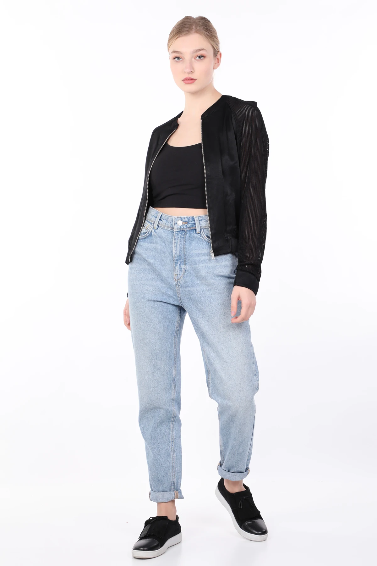 

Womens Black Knit Sleeve Bomber Jacket