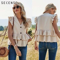 women ruffles blouses casual v neck single breasted female top summer flying sleeves solid color shirt ladies summer beach