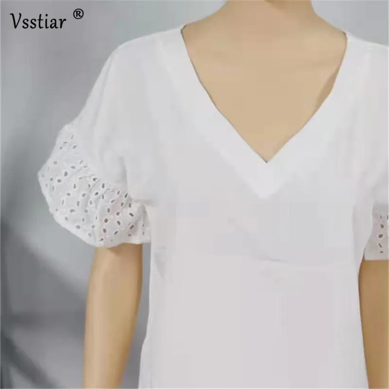 

Vsstiar Plus Size Summer Blouse New Short Sleeve Lace Patchwork Casual Women Shirts Sexy V Neck Solid Office Tops