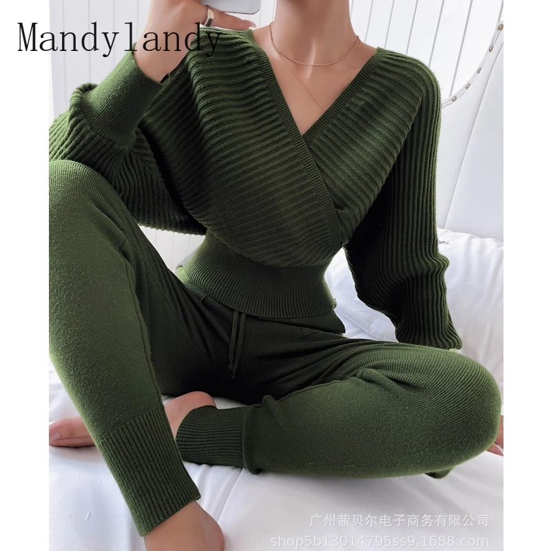 

Mandylandy Autumn Long Sleeve V-neck Sweater Lace-up Mid-Waist Pencil Pants Suit Women Casual Slim-Fit Solid Color Knitting Suit