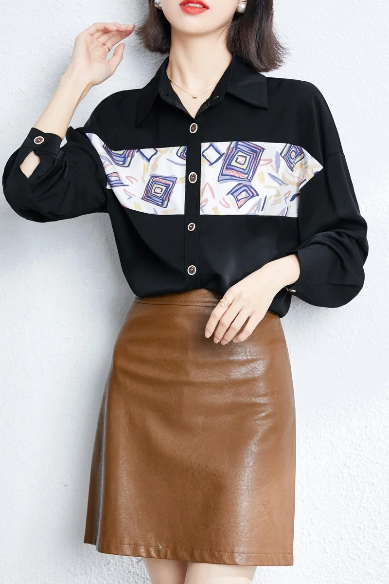 

Houthion Chiffon Slim Women's Blouses Geometric Patterns Buttons Shirt New Casual Blouse Fashion Long Sleeve Top Lady Blusas