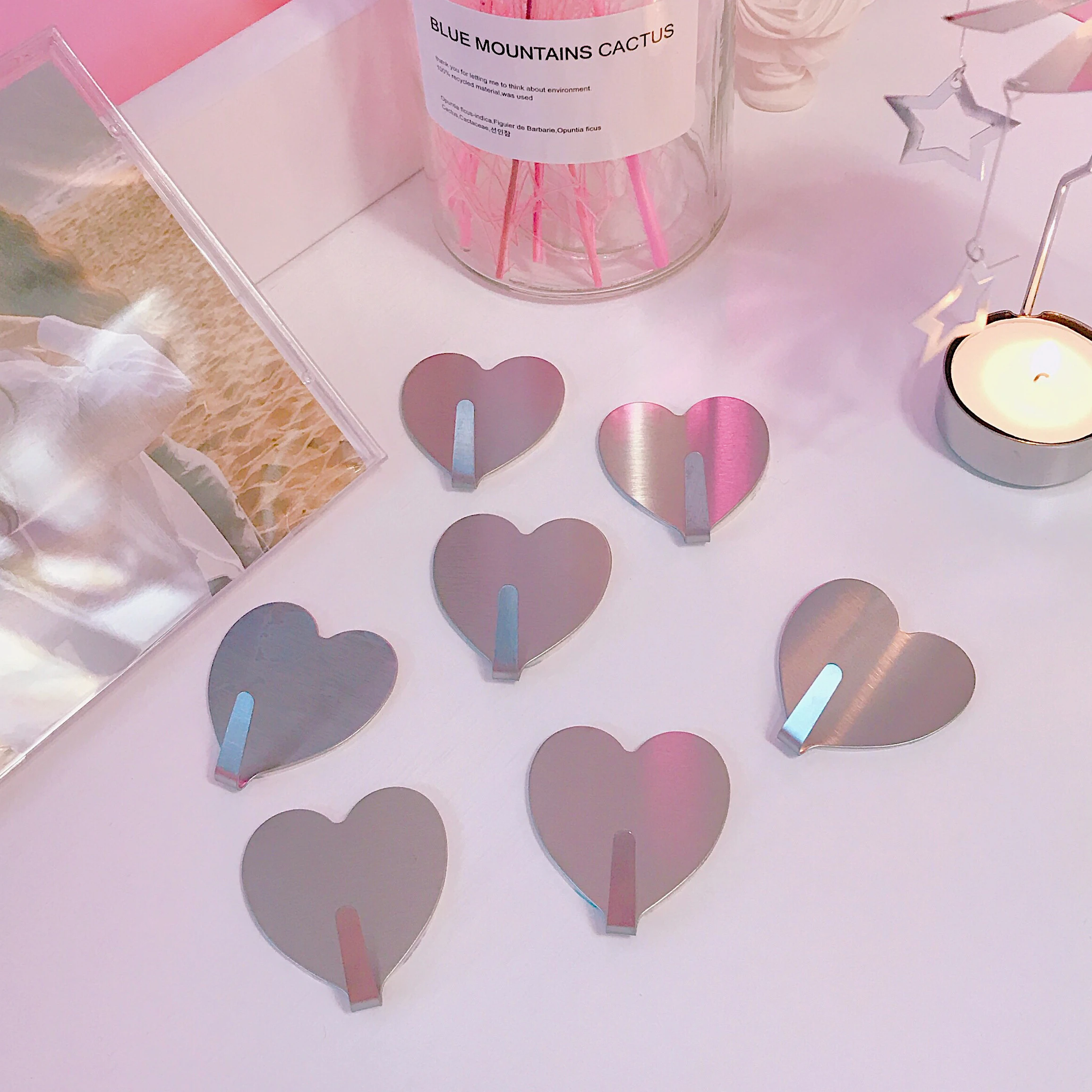 10pcs Pack Korean Love Silver Stainless Steel Hook Nail Free No Trace Sticky Hook Chic Girl Pink Peach Heart Room Decoration
