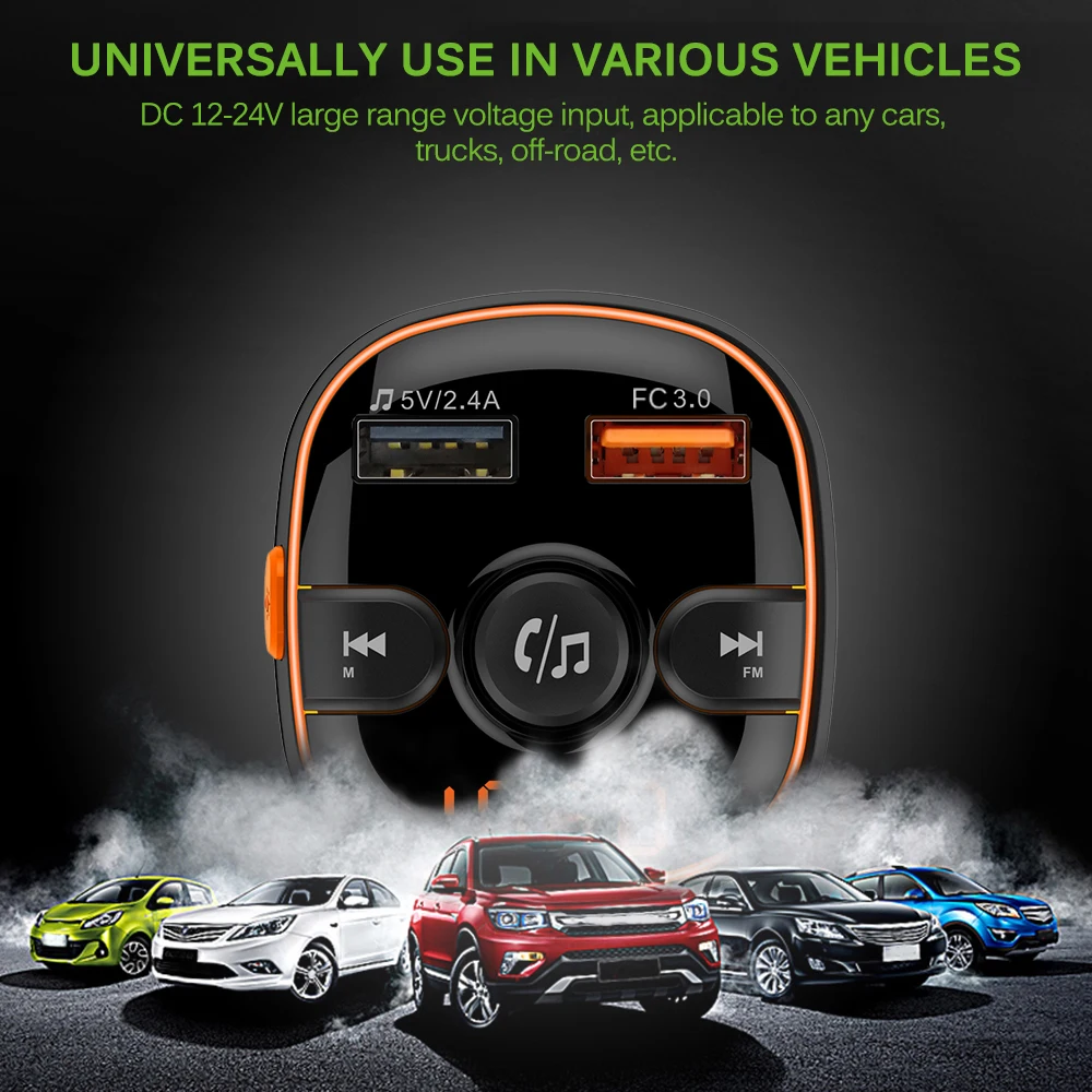 Car Fm Transmitter Bluetooth 5.0 Modulator Adapter Battery Voltage TF Card Hands-Free Dual USB Smart Chip Mp3 Player | Автомобили и