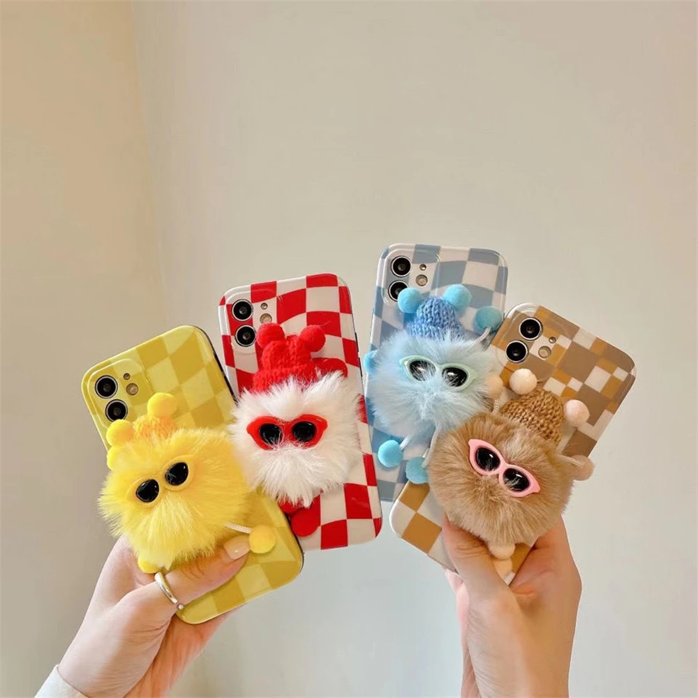 Plaid Plush Glasses Monster Case For iPhone 13 11 12 Pro MAX SE 2020 XR X 7 8 Plus Cases For iPhone 12 mini XS Full Cover Luxury