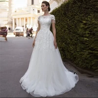 wedding dress a line boat neck short sleeve lace appliques sequined beads button sashes floor length sweep train bride gown new
