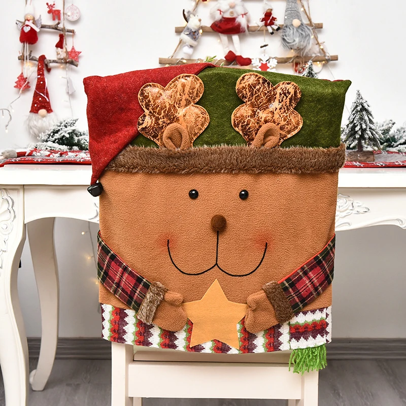 Cartoon Red Plaid Linen Santa Snowman Deer Christmas Chair Cover Kitchen Table Covers Happy New Year Party Decor | Дом и сад
