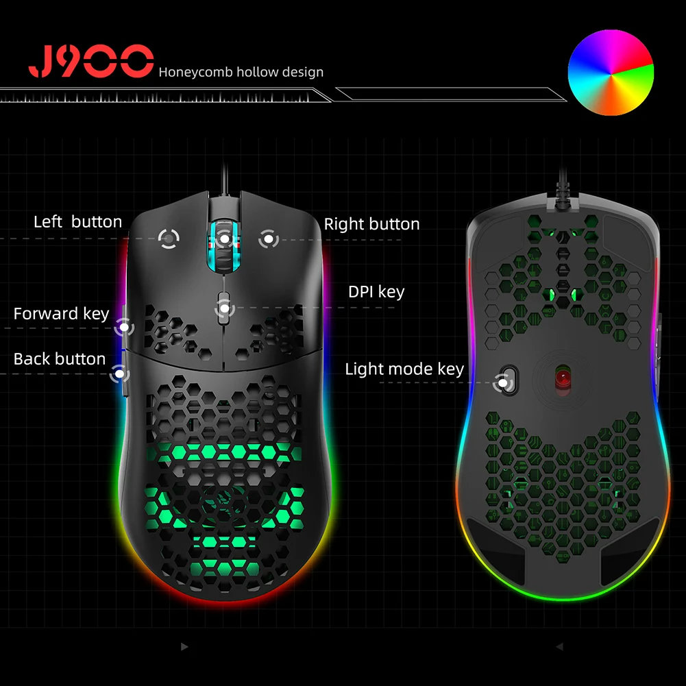 Игровая мышь J900 6400DPI регулируемая RGB программируемая механическая кнопка