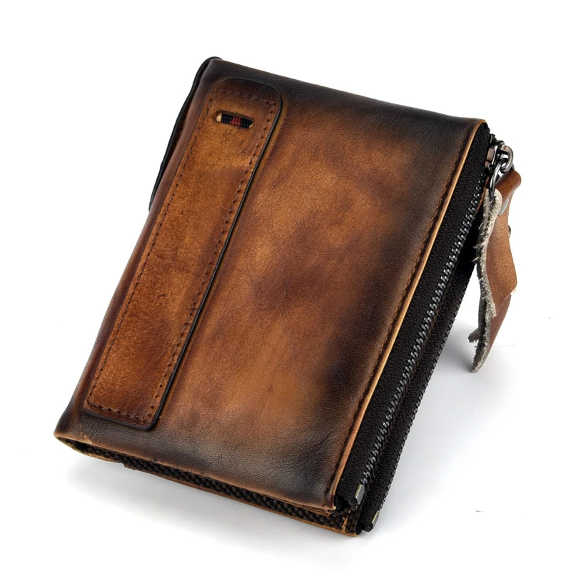 GAGACIA Men's Wallets Handmade Retro Cowhide Double Zipper Short Wallet For Male Purse Genuine Leather Portefeuille Homme Coffee