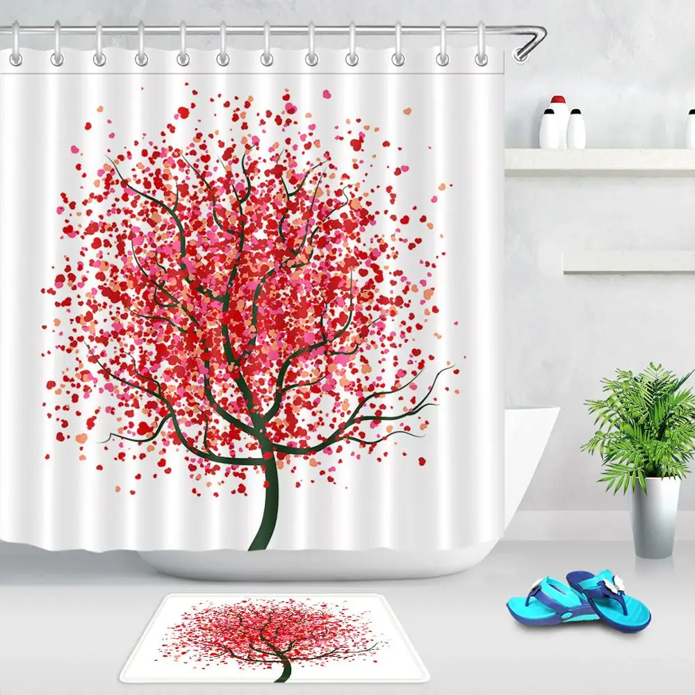 

Креативная занавеска для душа с крючками, занавеска для ванной комнаты, романтичная занавеска для душа с красным сердцем, листьями и деревь...