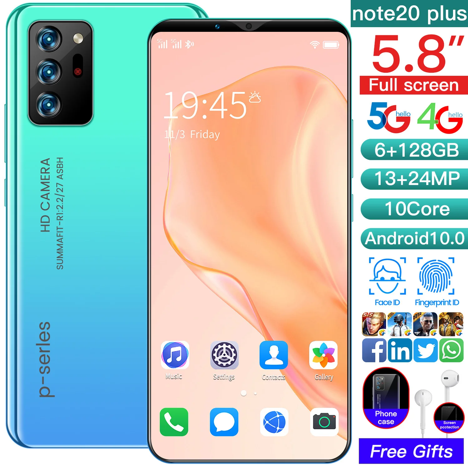 

Newest Galxy Note20 Plus 5.8 Inch 4+128GB 4800mAh 13+24MP HD Camera Dual SIM Andriod 10 Face ID Deca Core Smart Phone MTK6799