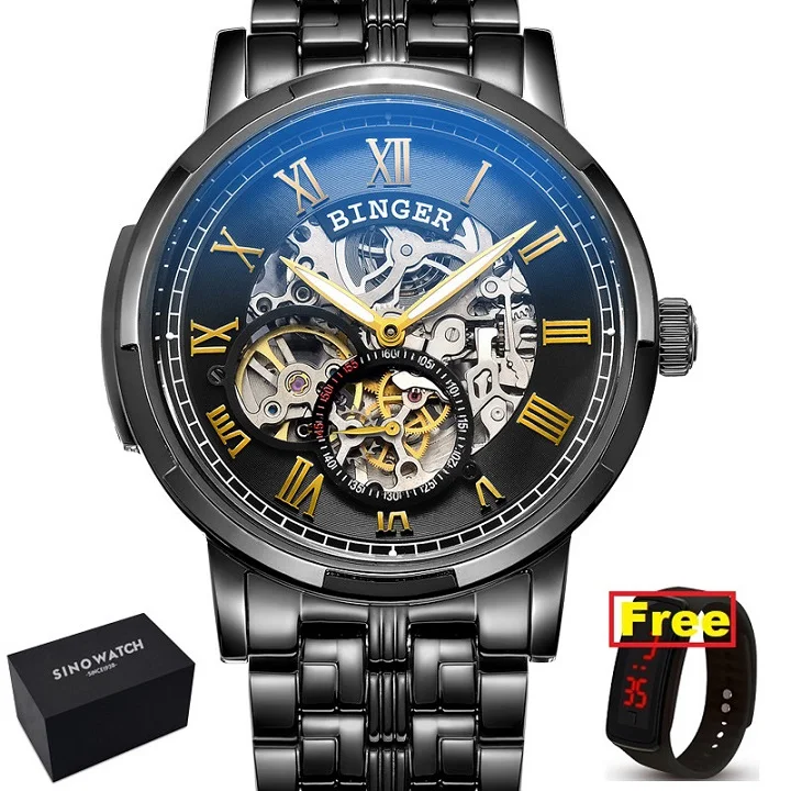Swiserland BINGER Брендовые мужские автоматические механические часы с двойным скелетом, мужские стальные светящиеся водонепроницаемые часы - Цвет: SBB-BOX PLUS GIFT