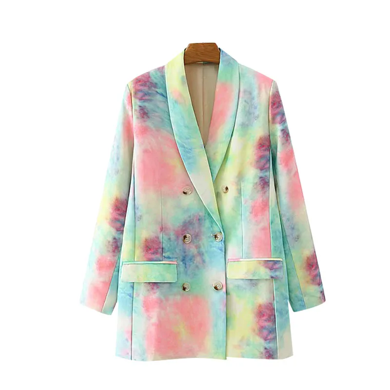 

TWomen Fashion Double Breasted Tie-dye Print Blazer Coat Vintage Long Sleeve Pockets Female Outerwear Chic Tops