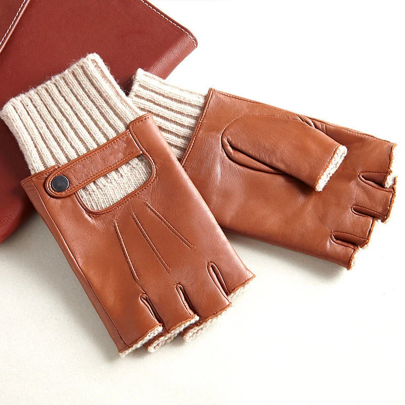 

Модные мужские перчатки из овчины с полупальцами, Осень-зима, вязаные манжеты без пальцев, теплые перчатки для вождения из натуральной кожи