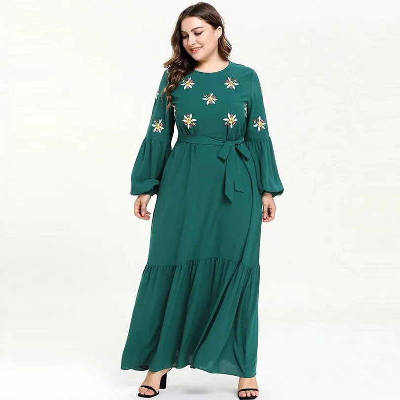 Quality Big Size Women Green Floral Embroidery Pleated Maxi Dress Long Lantern Sleeve Boho Belted Dresses Muslim Abaya 4XL |