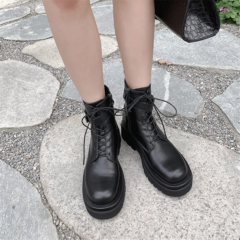 

ANNYMOLI Women Motorcycle Boots Shoes Buckle Real Leather Platform Flats Ankle Boots Zip Lace Up Short Boots Lady Autumn Winter