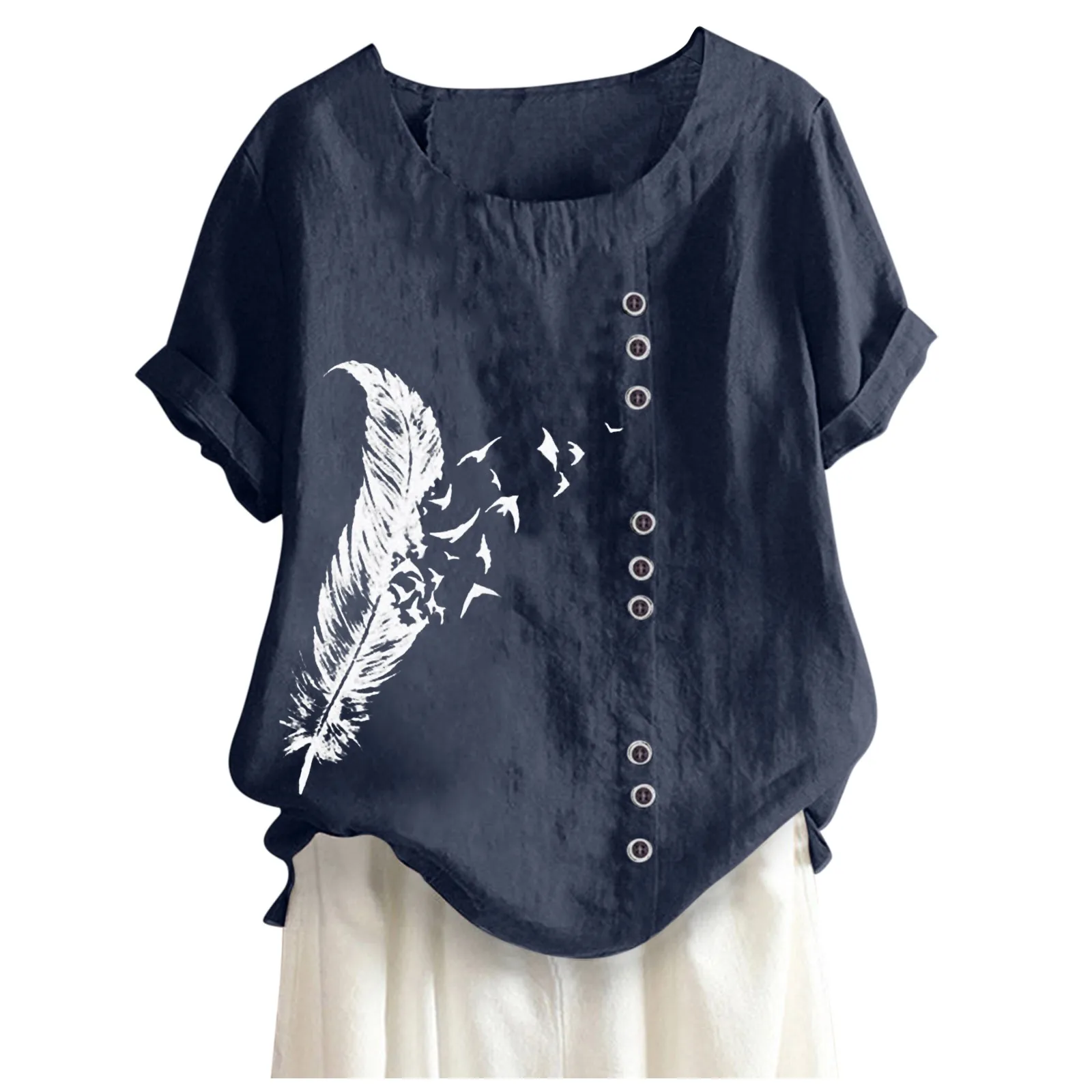 

Woman Tshirts Women Loose Cotton And Linen Feather Print O-neck T-shirt Tops Button T Shirts Tops Women 2021
