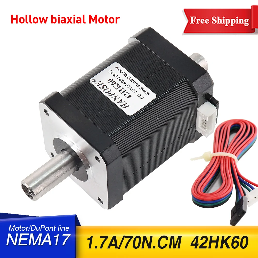 3pcs Nema17 Stepper Motor 42 Hollow biaxial motor 1.7A 70N.CM 42HK60 double shaft motor 4-lead for CNC worm wheel edging machine