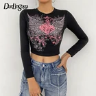 Черная Женская футболка Darlingaga Grunge с готическими крыльями и принтом бриллиантов, короткий топ с длинным рукавом темной академии, тройник