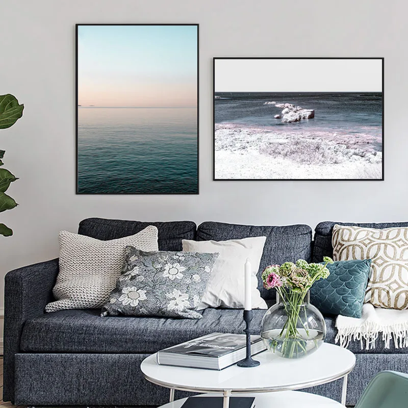 

Seascape Beach Canvas Painting Gray Green Wall Art Ocean Coastal Pictures for Living Room Posters and Prints Modern Home Decor