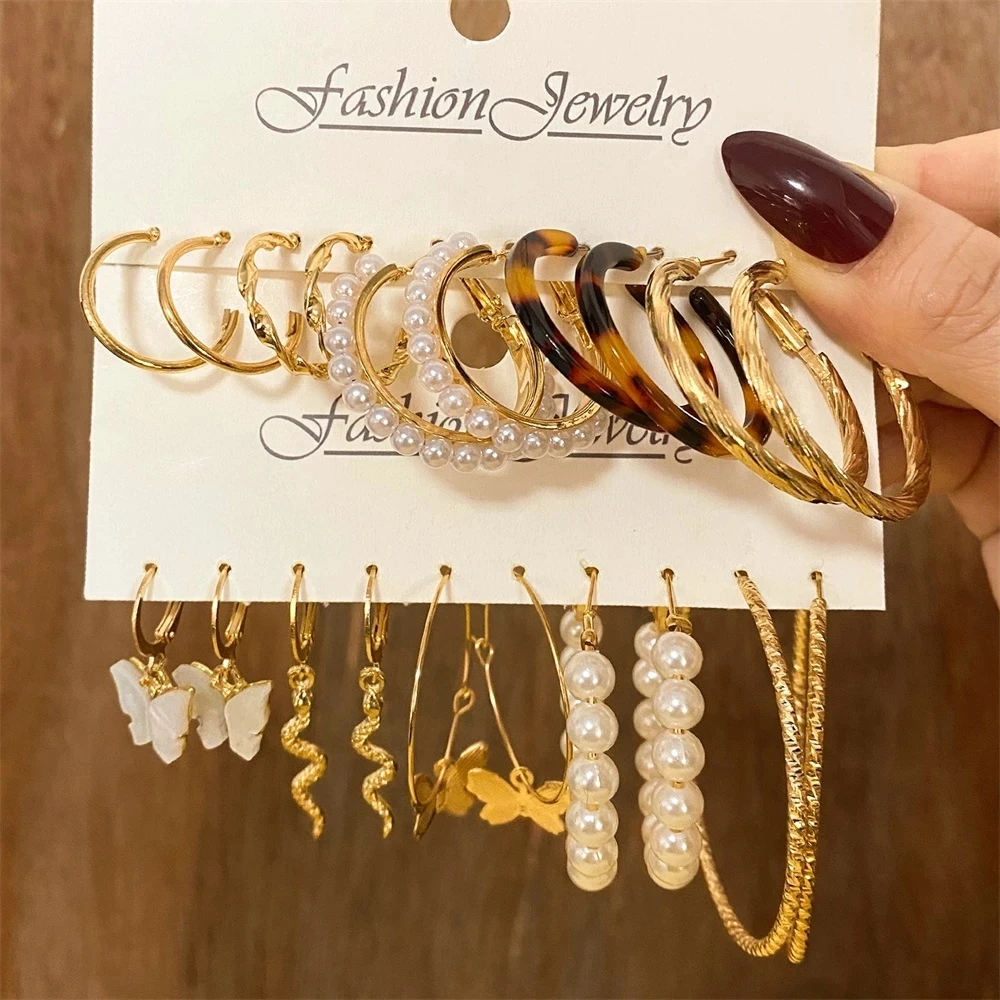 

FNIO Bohemian Gold Snake Butterfly Drop Earrings Set For Women Pearl Acrylic Dangle Earrings 2021 Trend Set of Earrings Jewelry