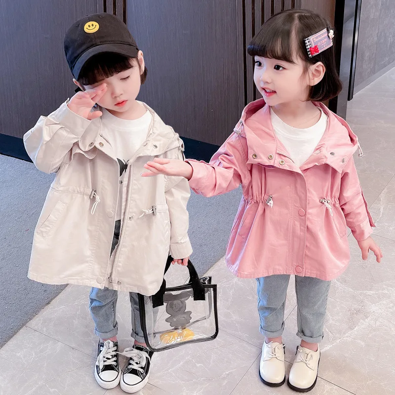 

Тренчкот с капюшоном для маленьких девочек, Осеннее хлопковое однотонное длинное пальто, детская одежда, ветровка для девочек, модная куртк...