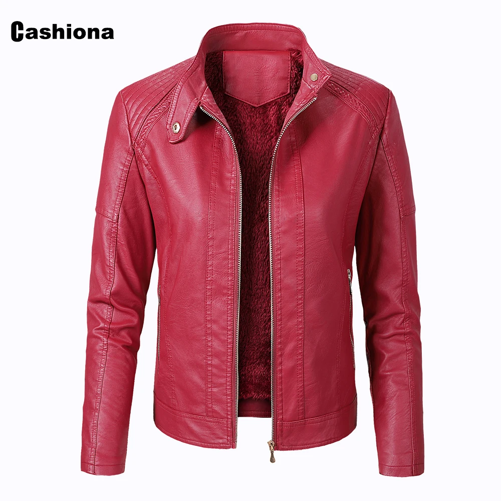 Куртка женская из искусственной кожи осенняя черная красная | Женская одежда