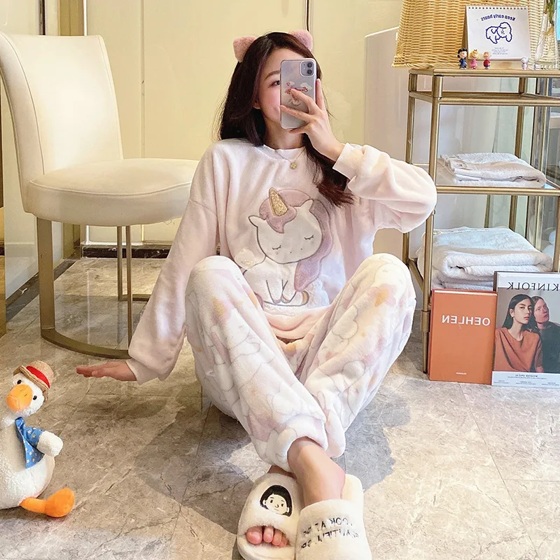 QWEEK Pajama Set Women Flannel Pijamas Winter Home Clothes Unicorn Loungewear Sleepwear Knitting Pyjamas Comfortable Warm Sweet