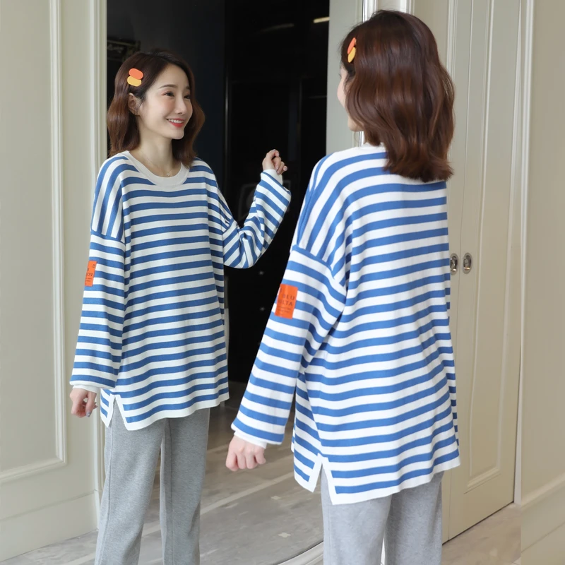 

5018# Autumn Korean Fashion Strip Maternity Hoodes Sports Casual Loose Sweatshirt Clothes for Pregnant Women Pregnancy Shirt Top