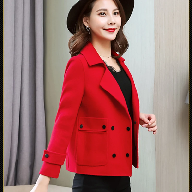 

2020 Зима Осень женское кашемировое короткое двухстороннее шерстяное пальто с v-образным вырезом женское двубортное тонкое модное твидовое п...