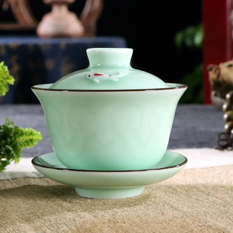 Чайный набор [GRANDNESS] Longquan Celadon Gaiwan Gongfu чайных 3d рыбок кружка 140 мл|Заварники| |