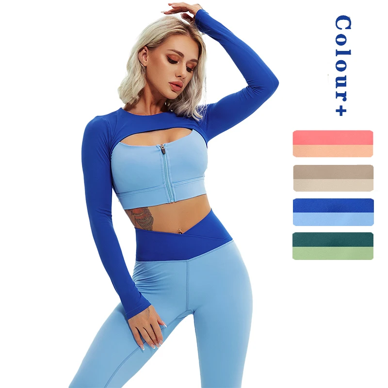

New 2Pcs Seamless Yoga Set Sexy Zipper Long Sleeve High Waist Leggings Workout Clothes For Women Sportwear Gym Fitness Sport Set