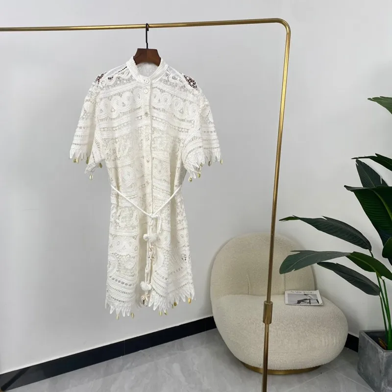 

Summber Beach Style Hollow Out Shells Pearl Decoration Half Sleeve White Loose Dresses