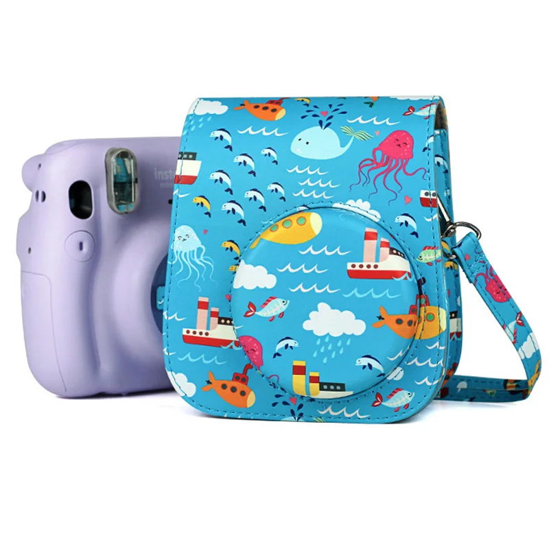 

Чехол для камеры Instax Mini 11 Mini 9 Mini8, кожаный чехол с ремешком на плечо, чехол с принтом фруктов и рыбок, 4 стиля, 4 цвета