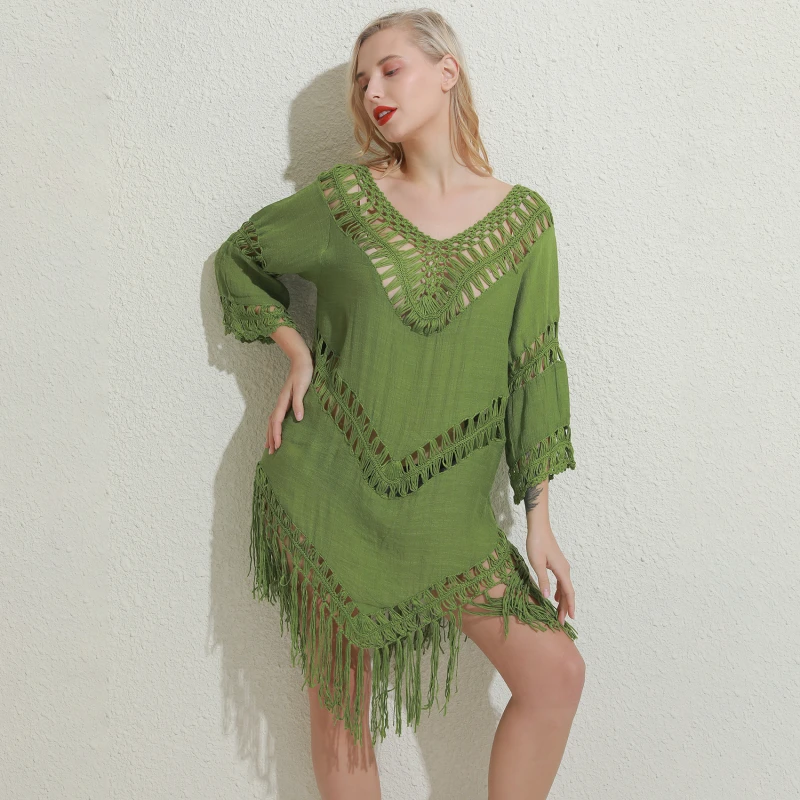

Sexy Tassel Cover Ups Tunic Swimsuit 2021 Beach Dress Tropical Hollow Out Beachwear Black Backless Summer Swimwear New